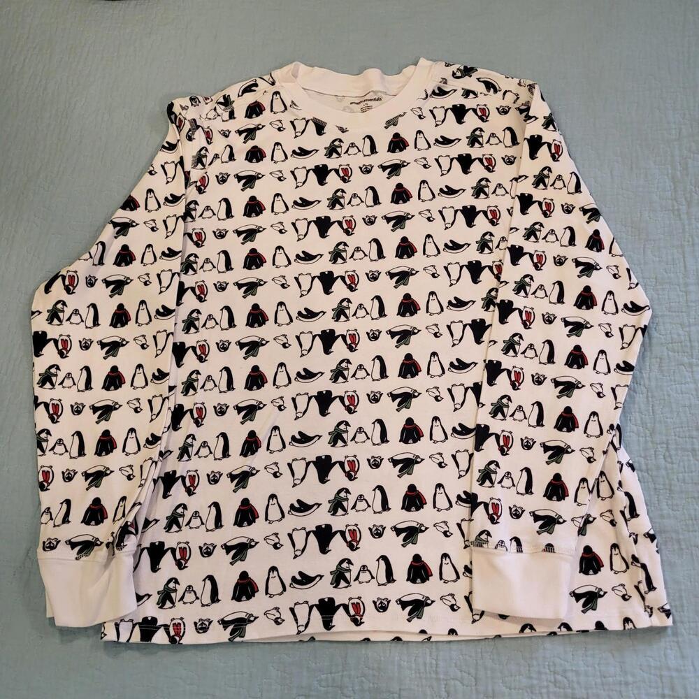 Amazon Essentials adult unisex pajama top white with penguins sz  L 100% cotton